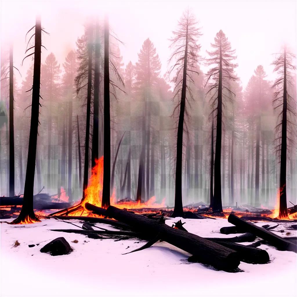 Fire burning trees and a snowy landscape