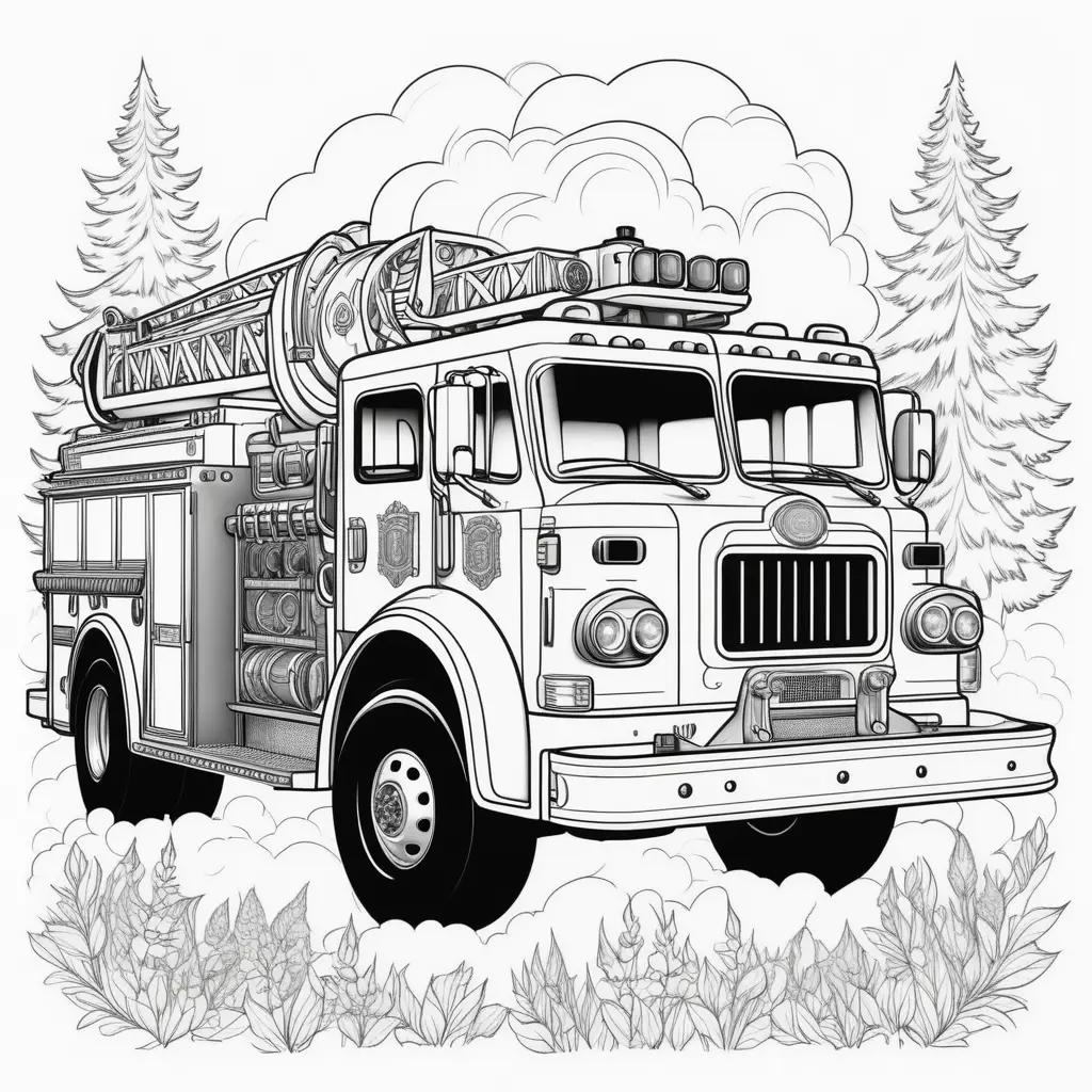 Fire truck coloring page with trees and clouds in the background