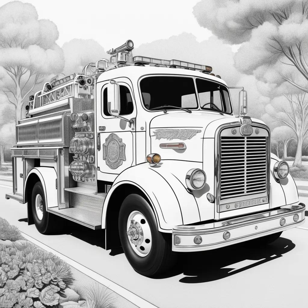 Fire truck coloring pages: black and white drawing of a truck on a street