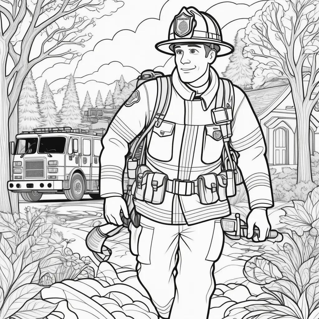 Firefighter coloring page with tools and house