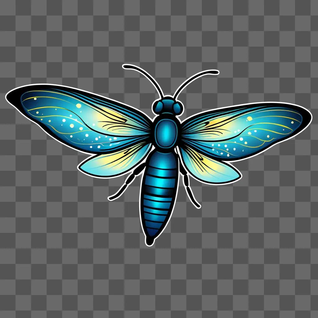 Firefly with glowing wings against a blue background