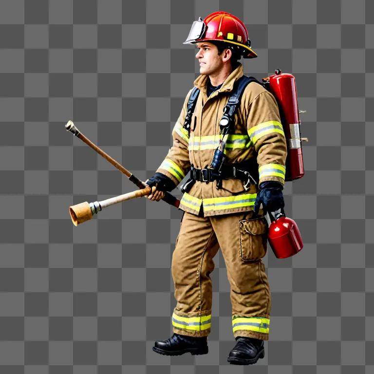 Fireman with equipment on brown background