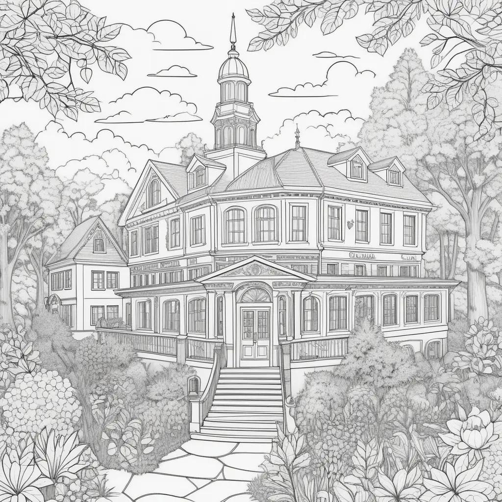 First Day of School Coloring Page: A House with Steps and Flowers