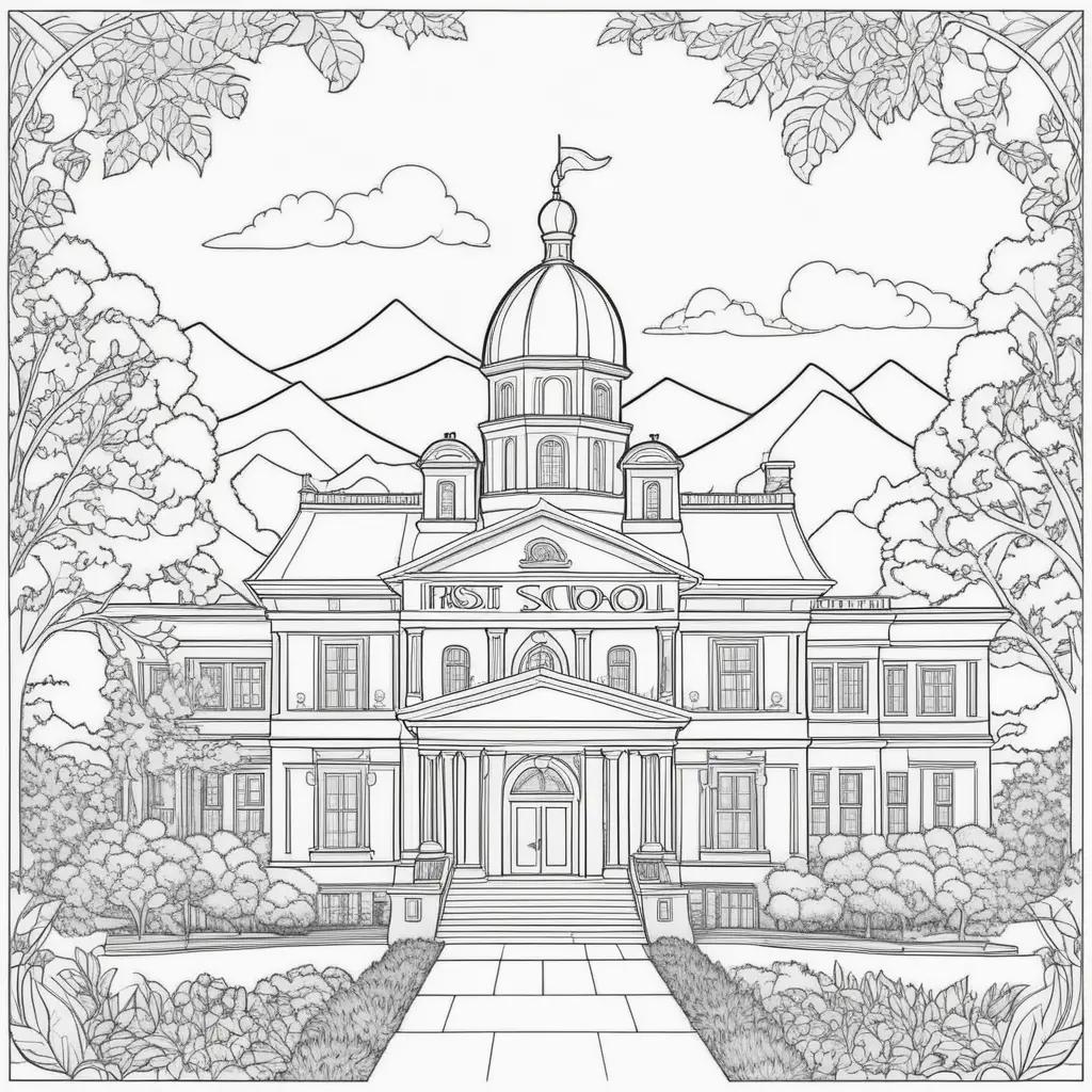 First Day of School Coloring Pages: A black and white drawing of a building and trees