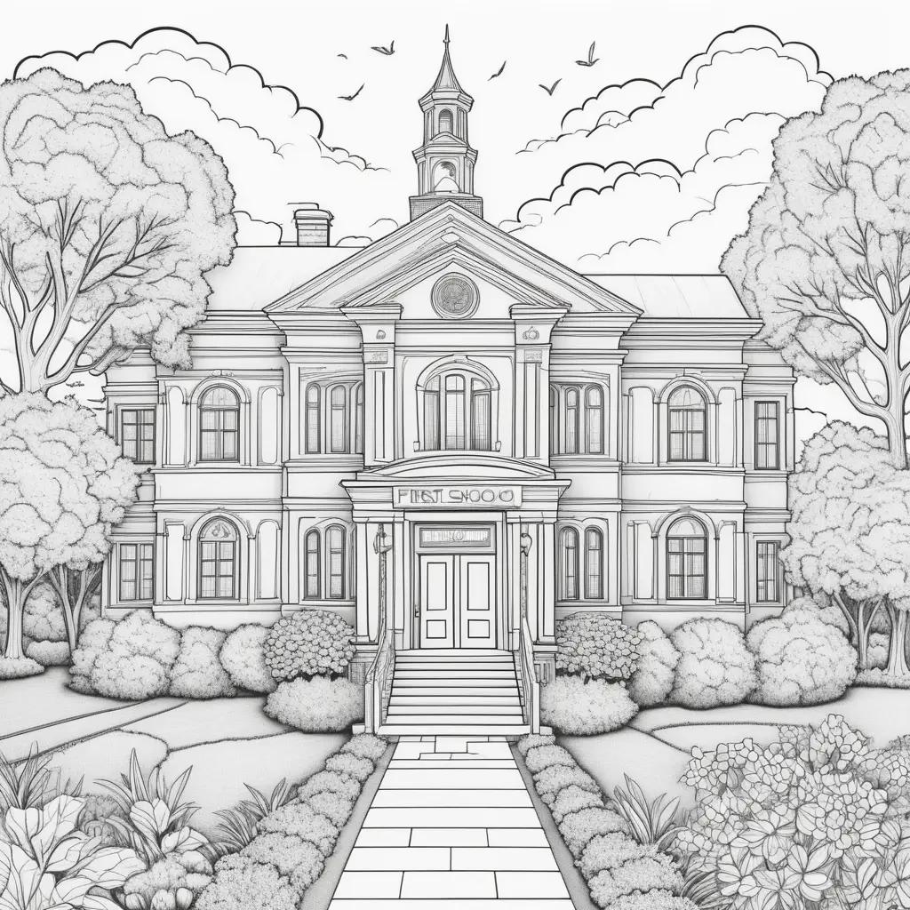 First day of school coloring pages featuring a grand building with a large steeple