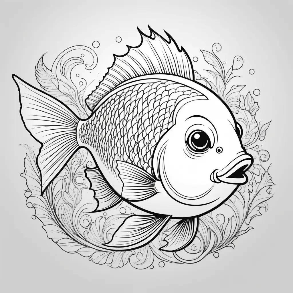 Fish Coloring Pages - A black and white illustration of a fish surrounded by swirling patterns