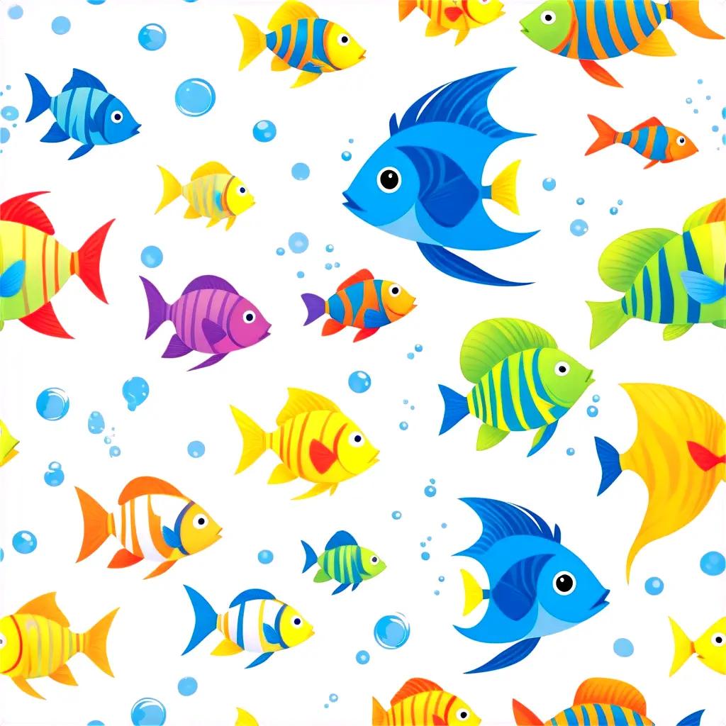 Fish cartoon pattern with bubbles on a white background