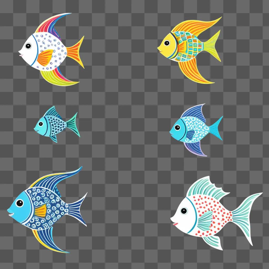 さまざまな色やパターンの子供向けの魚の絵