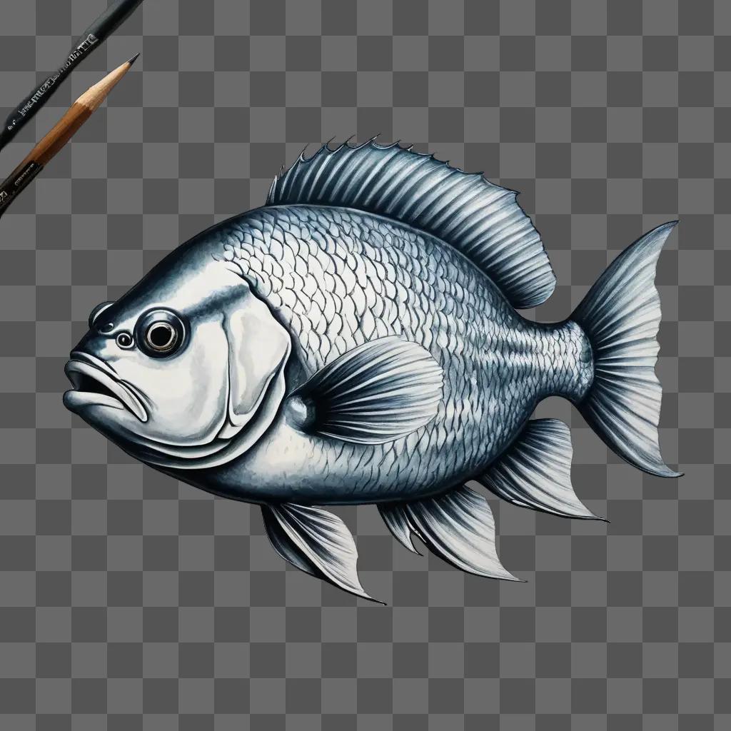 Fish drawing realistic in pencil on black background