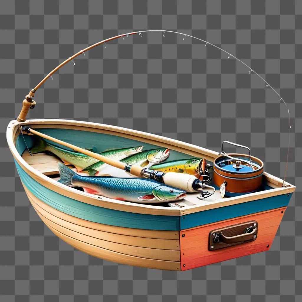 Fishing boat with two fish, fishing pole and rod