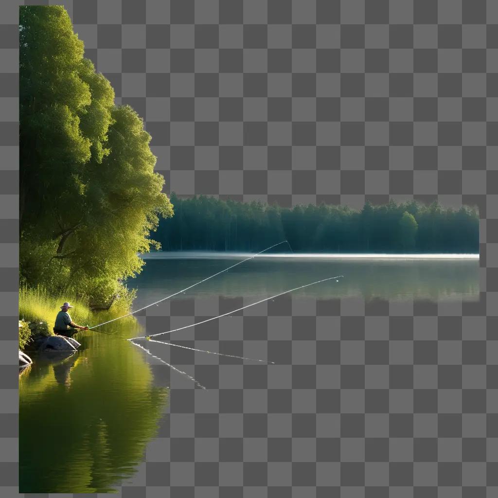 Fishing clipart depicts a man casting his line into a calm lake