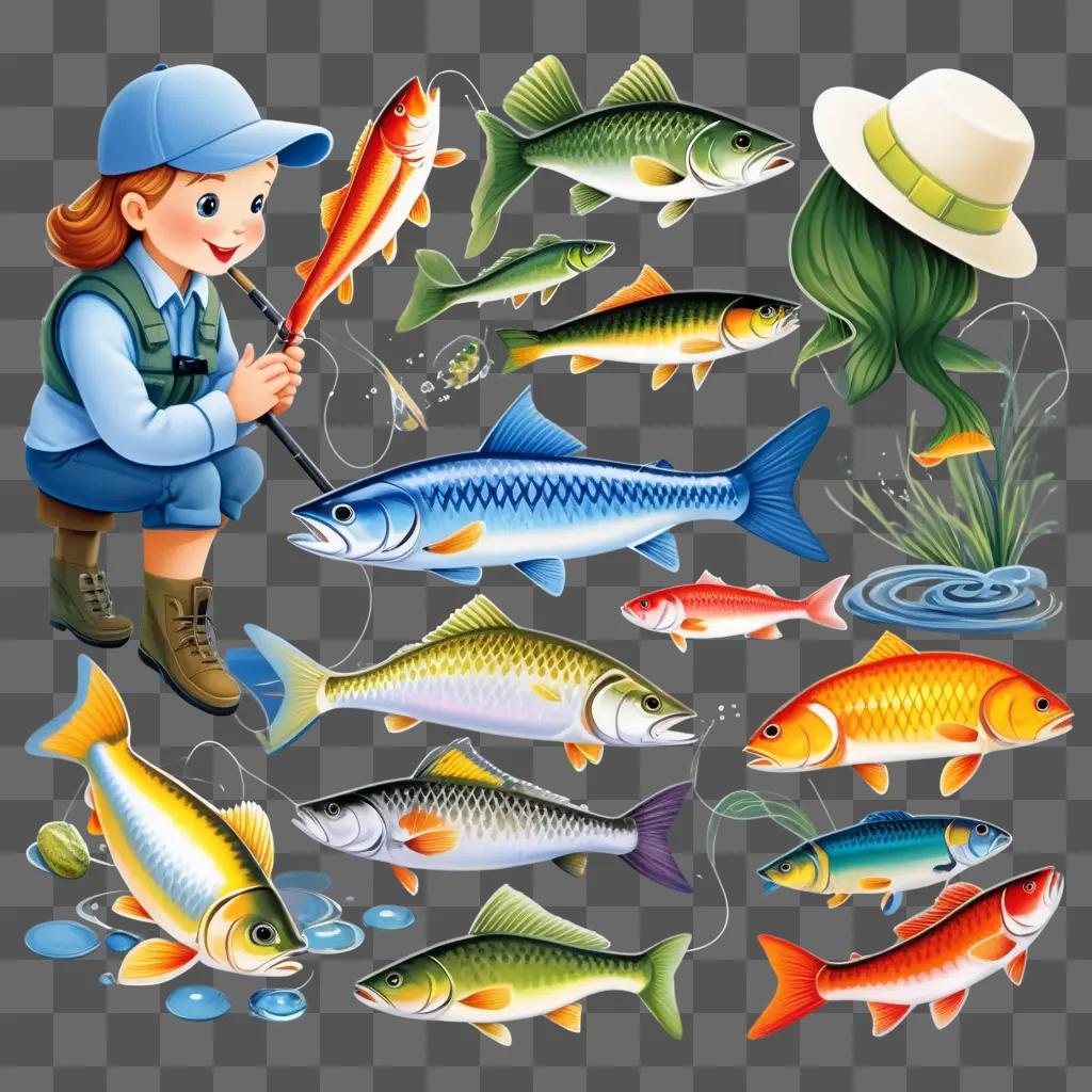 Fishing clipart shows girl catching fish with fishing rod