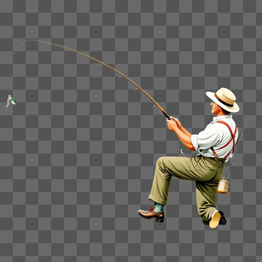 Fishing clipart with man in hat and suspenders