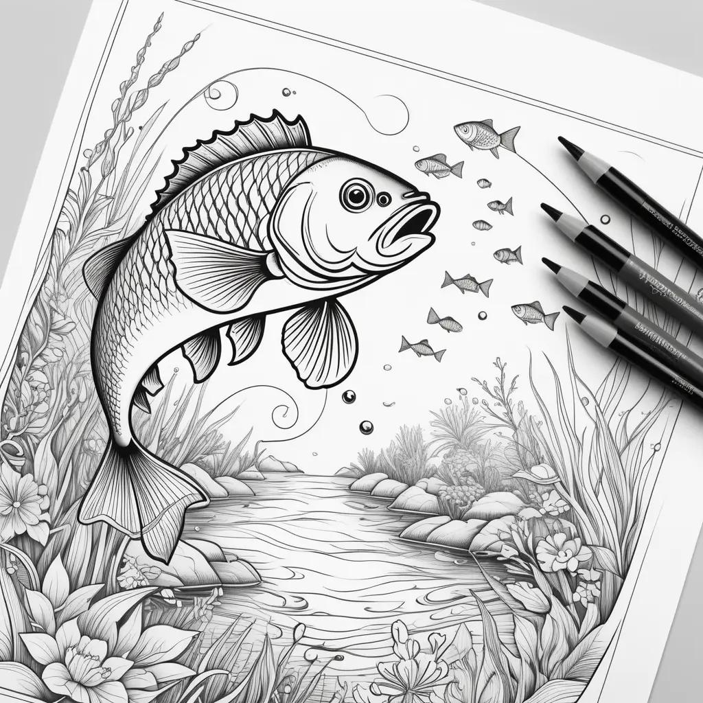 Fishing coloring page with a fish and a pond