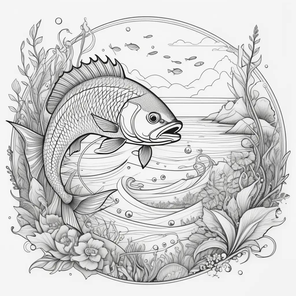 Fishing coloring page with fish, flowers, and clouds