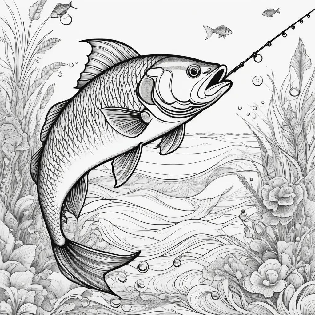 Fishing coloring pages: Fish and a fishing pole in the ocean