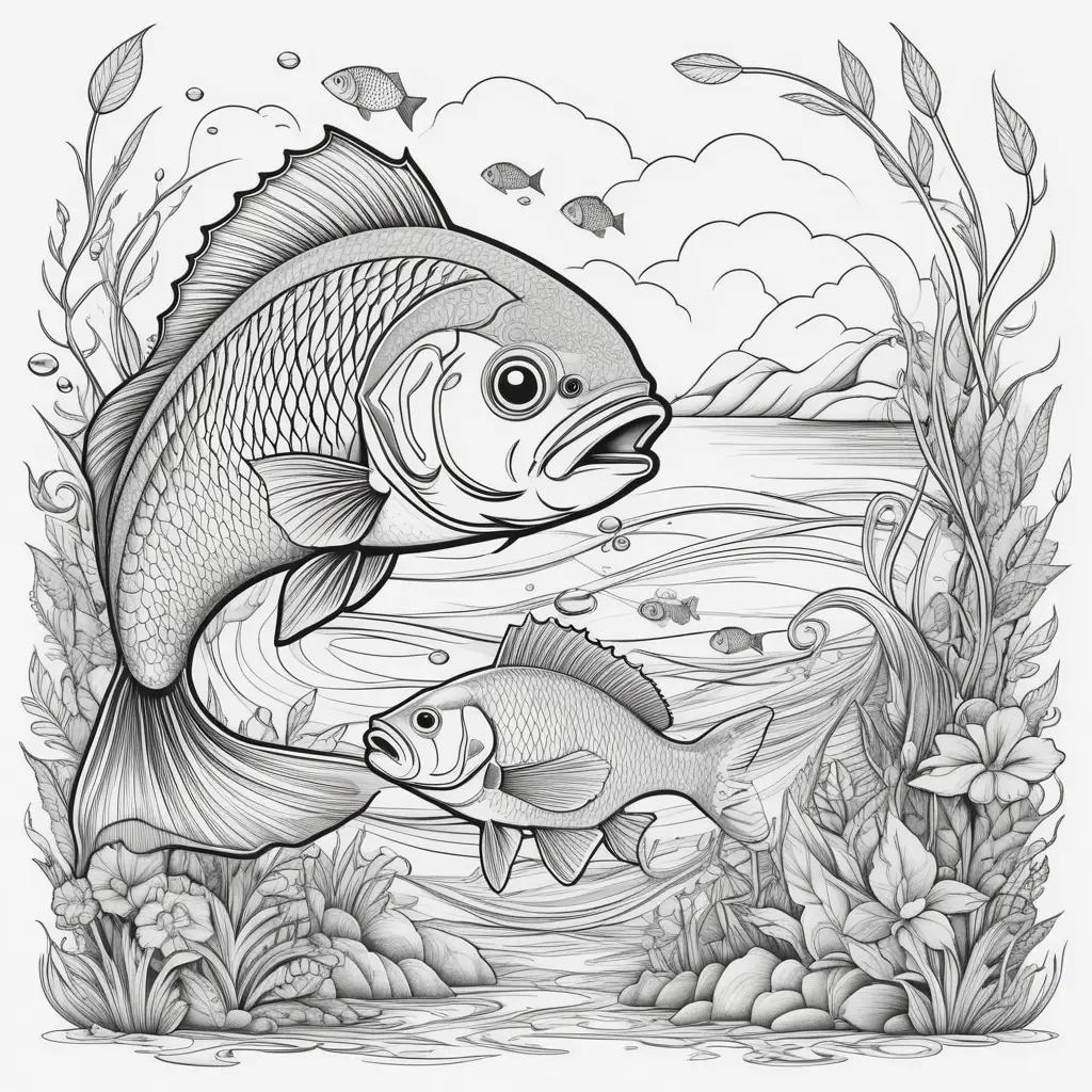 Fishing coloring pages for kids with fish and ocean