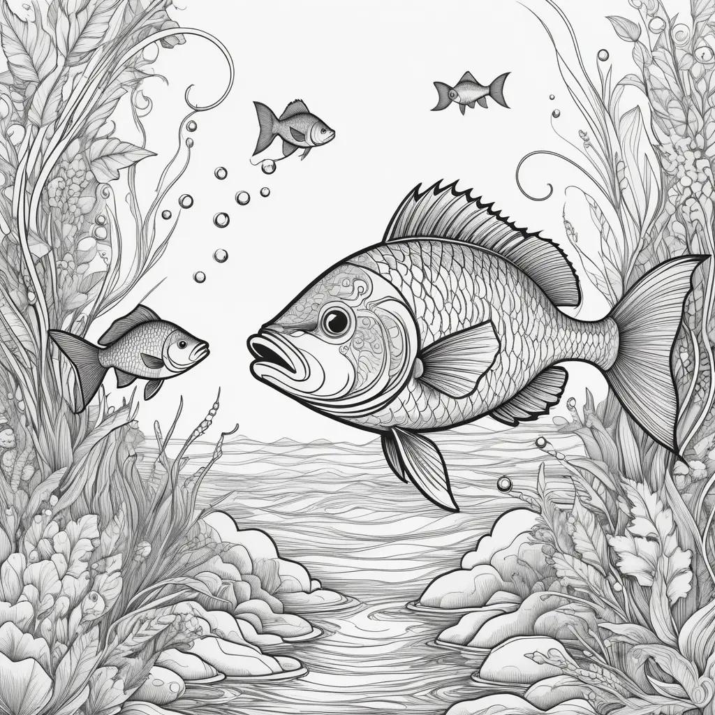 Fishing coloring pages with fish and bubbles