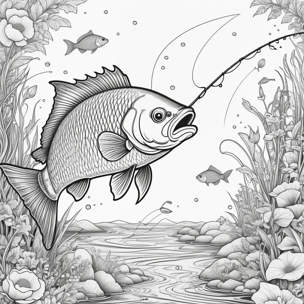 Fishing coloring pages with fish and plants