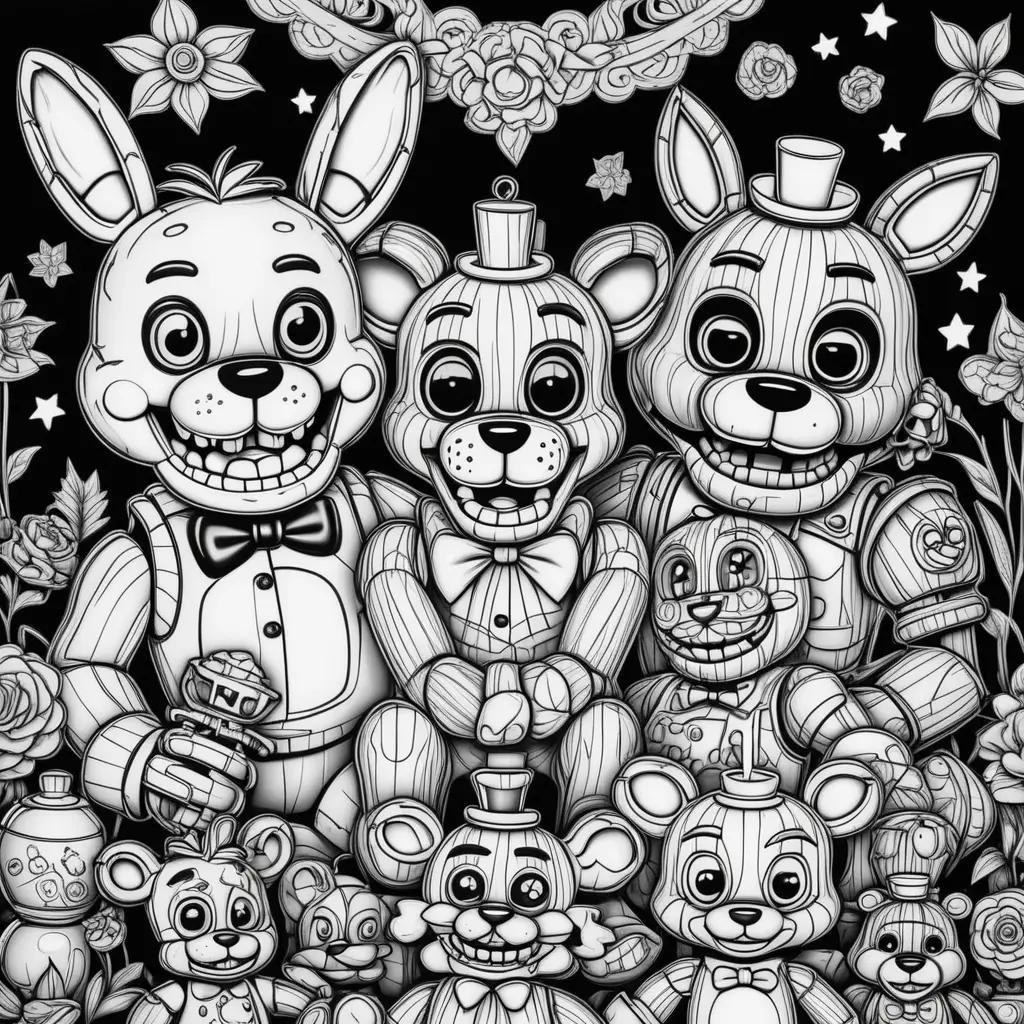 Five Nights of Freddys coloring pages featuring teddy bears and other creepy creatures