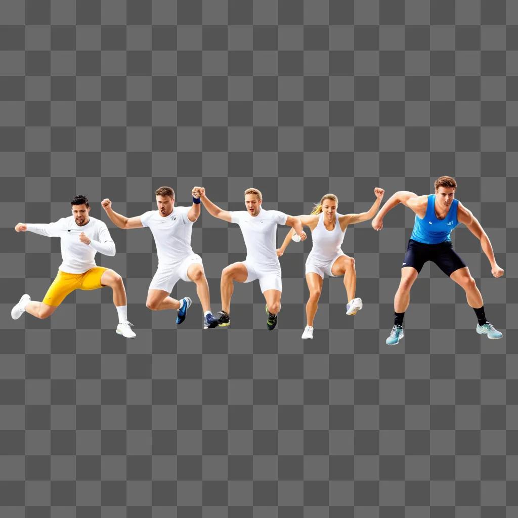 Five athletes in white and yellow pose for a picture