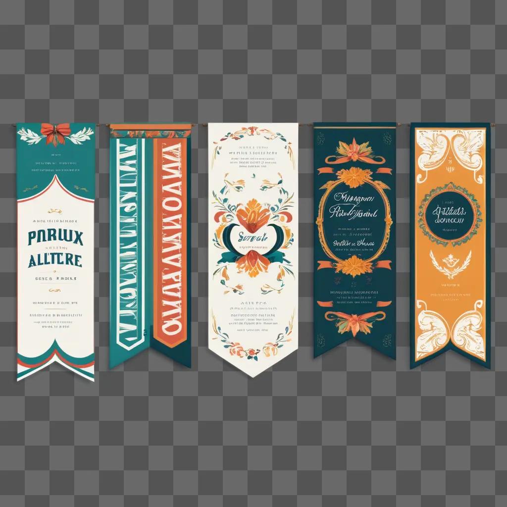 Five banners in a row with ornate designs