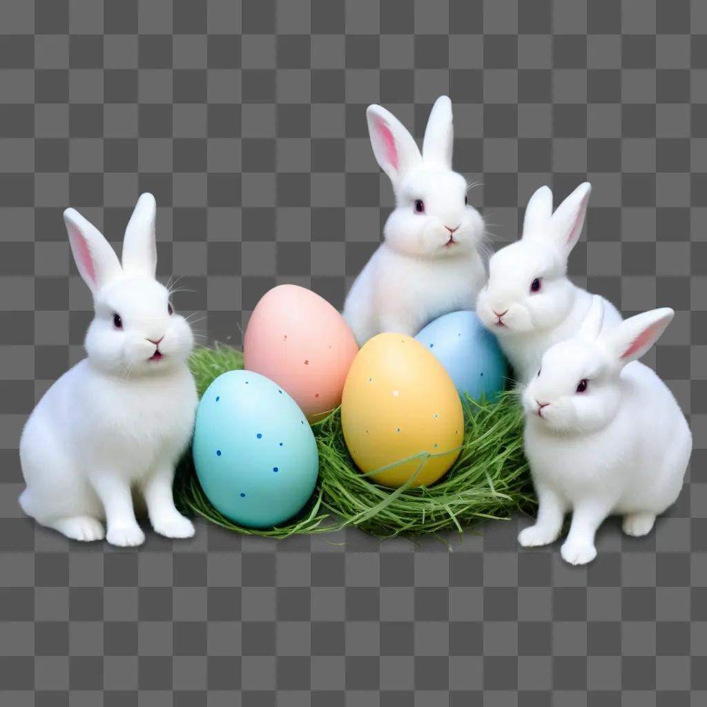 Five bunnies and Easter eggs on green background