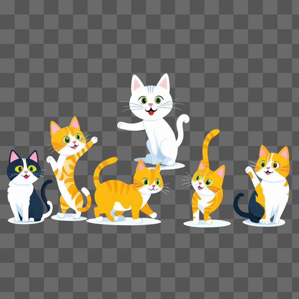 Five cartoon cats in a group pose