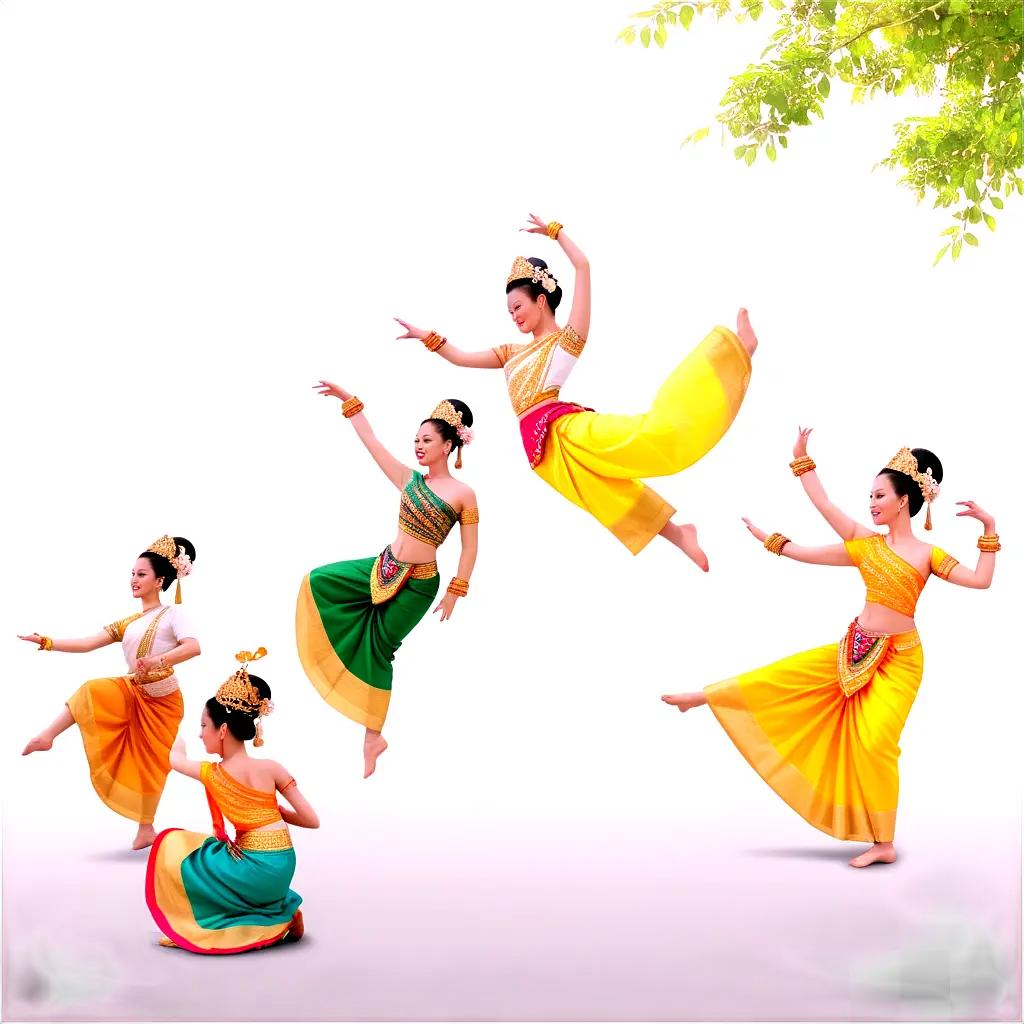 Five dancers in traditional costumes perform a dance