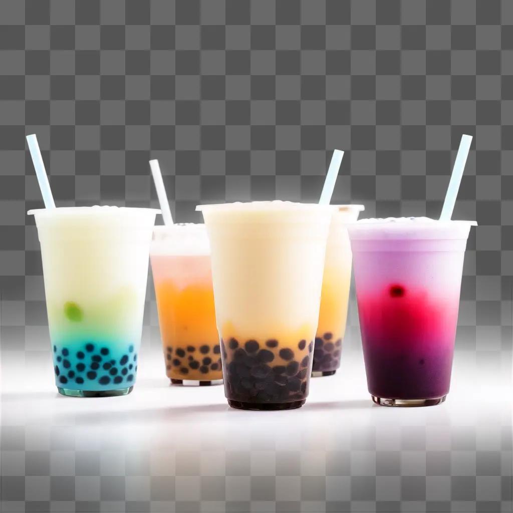 Five drinks with boba balls in them