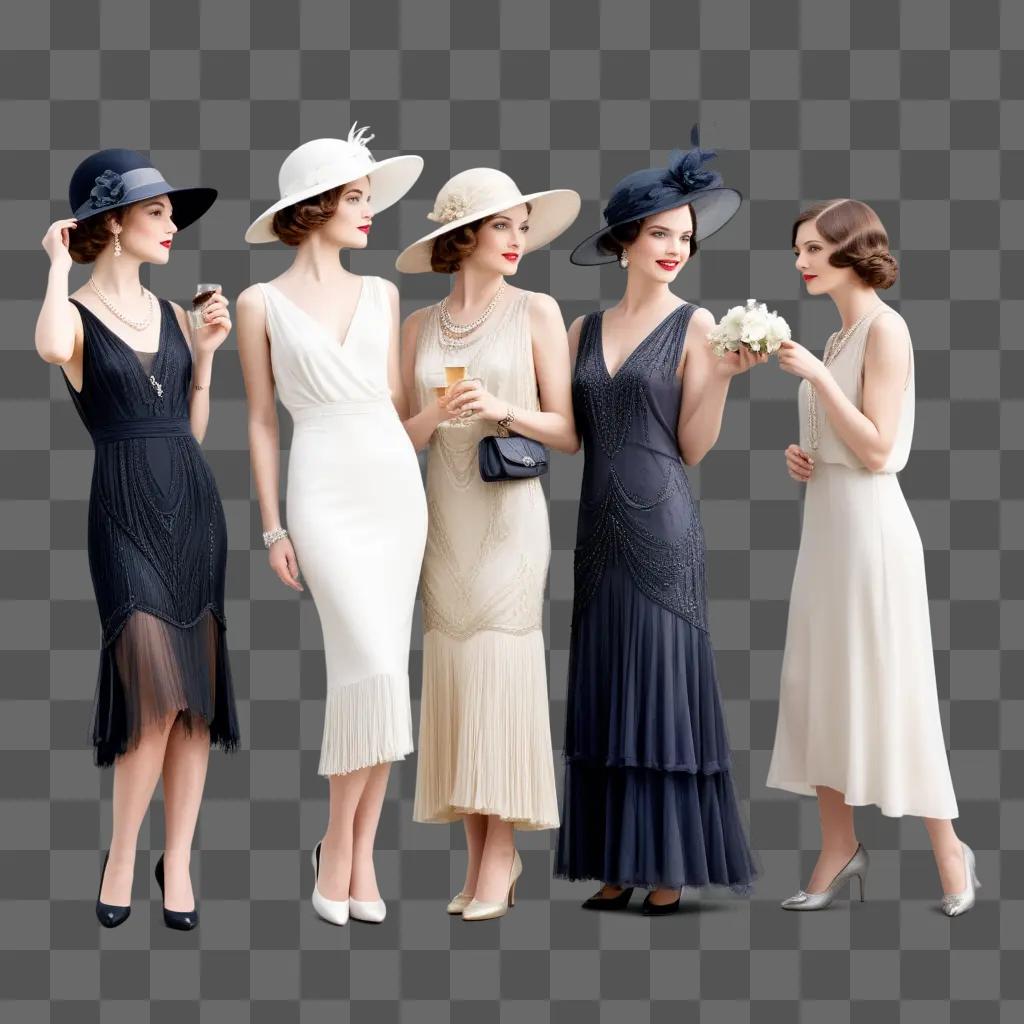 Five elegant ladies in vintage fashion