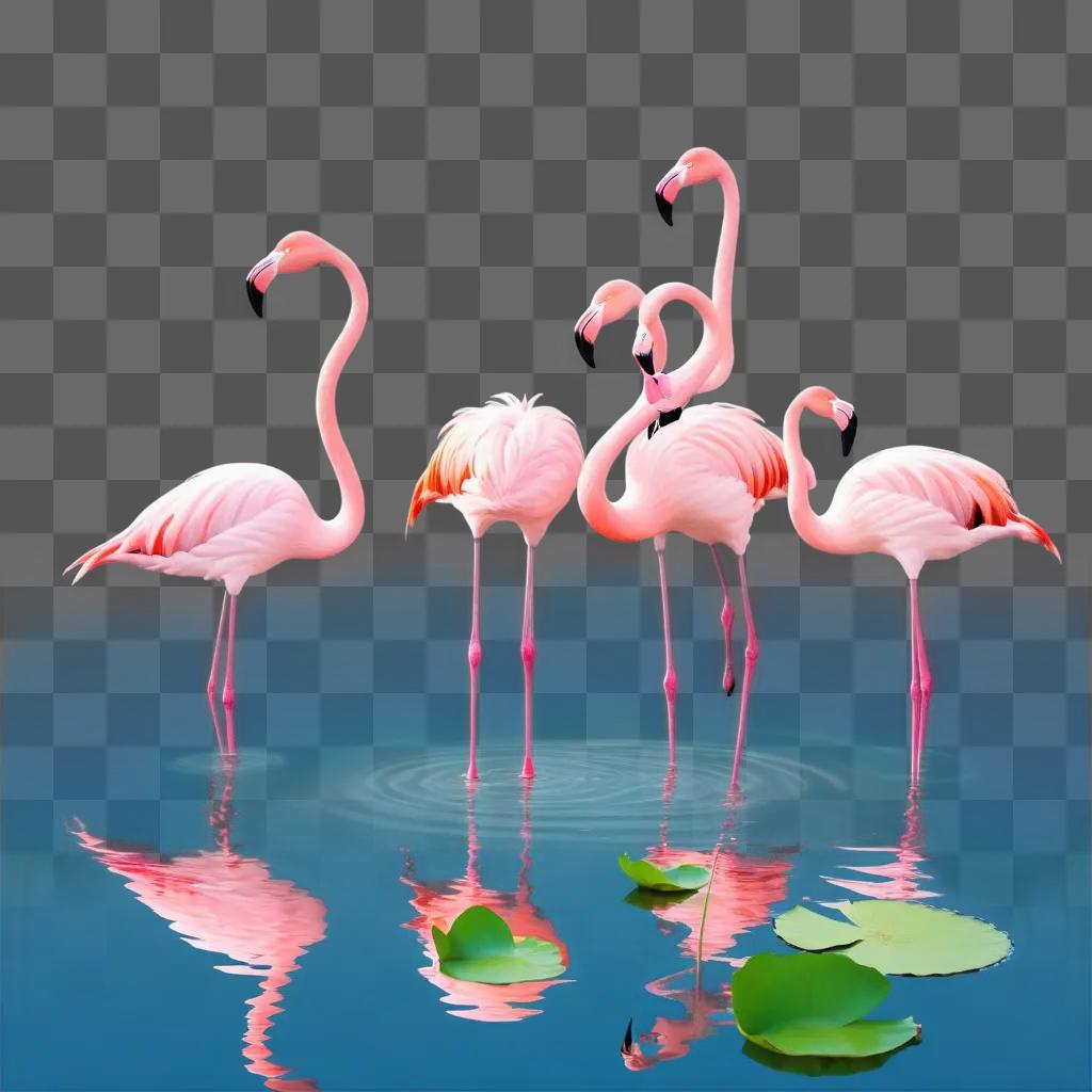 Five flamingos in water with reflections