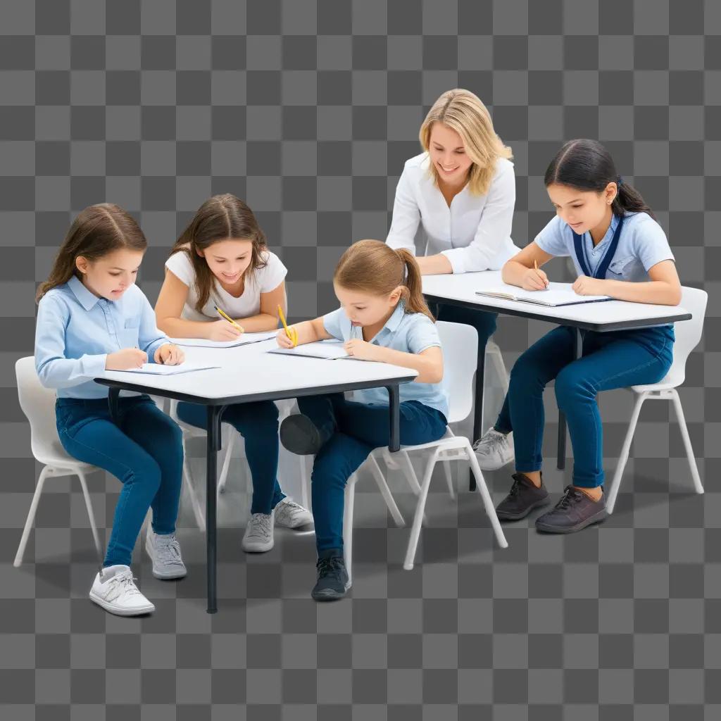 Five girls learning at school