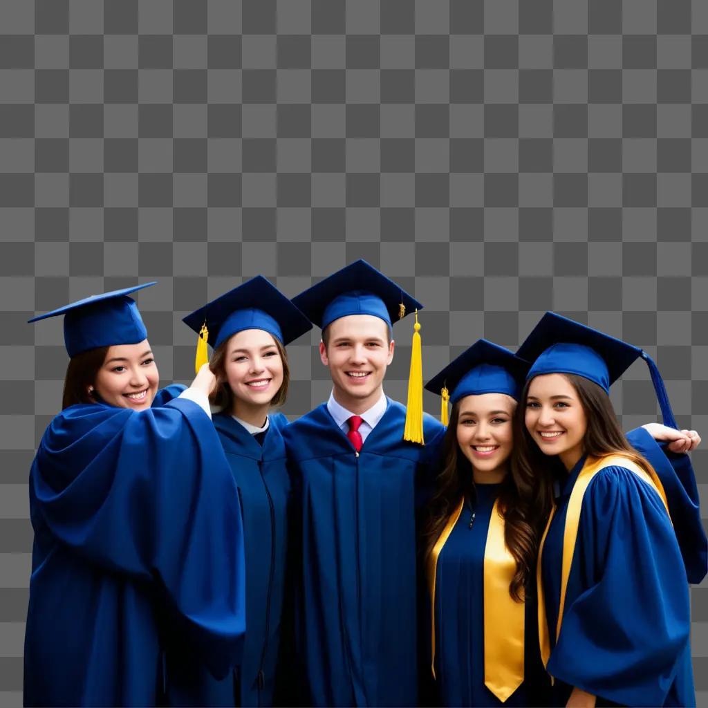 Five graduates pose together with their caps and gowns