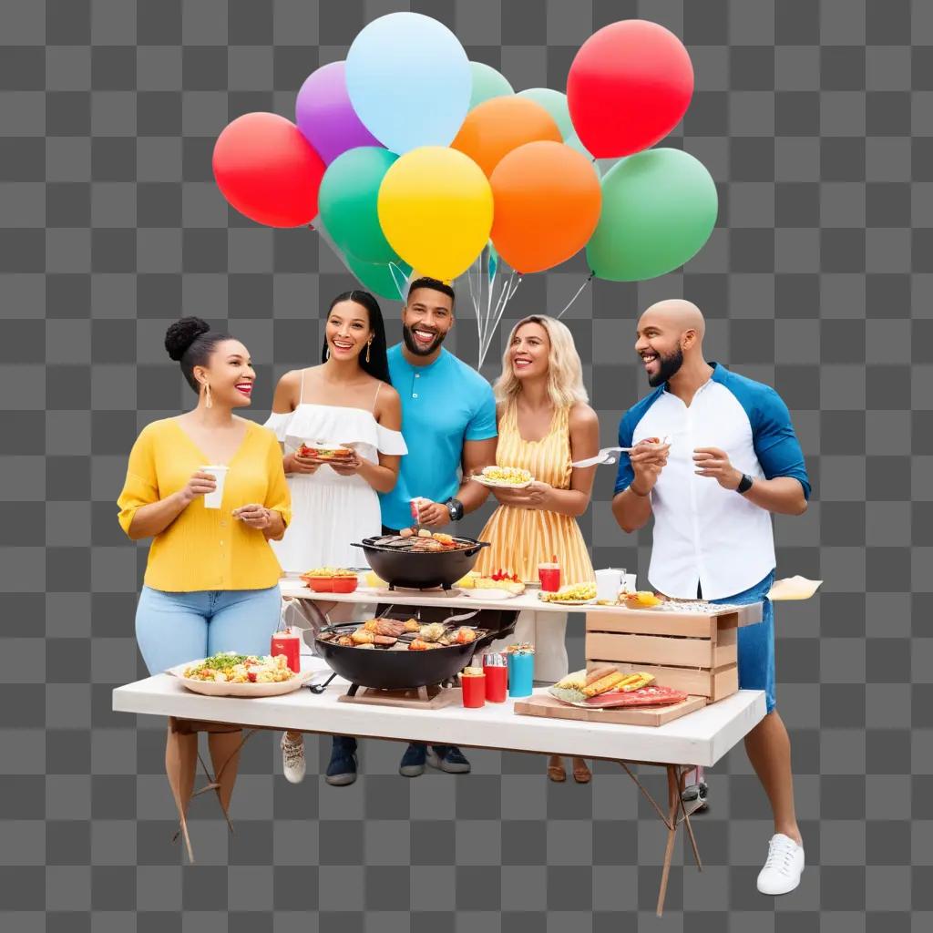 Five people enjoying a cookout with balloons and food