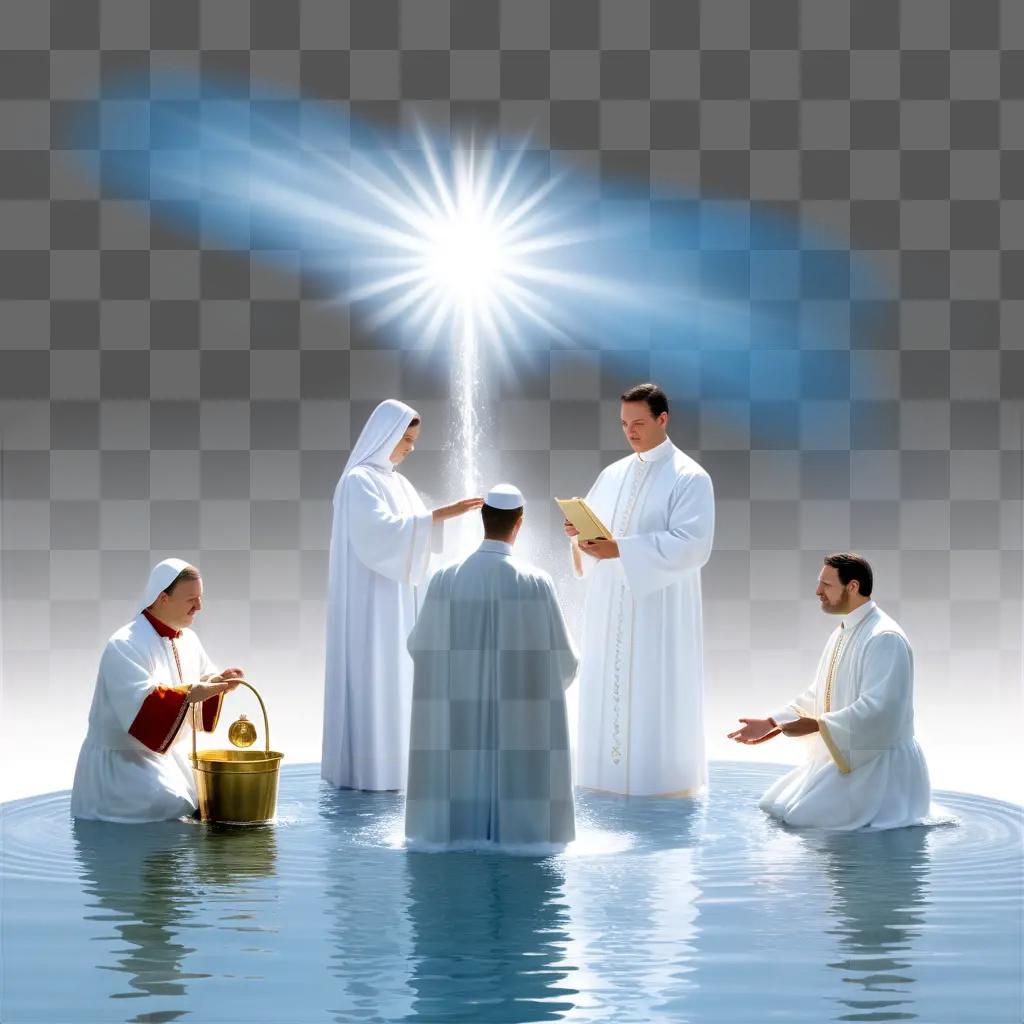 Five people in a circle are baptized