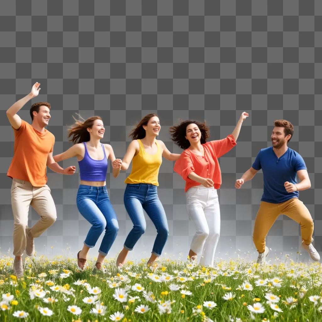 Five people jumping in the field, expressing joy and happiness