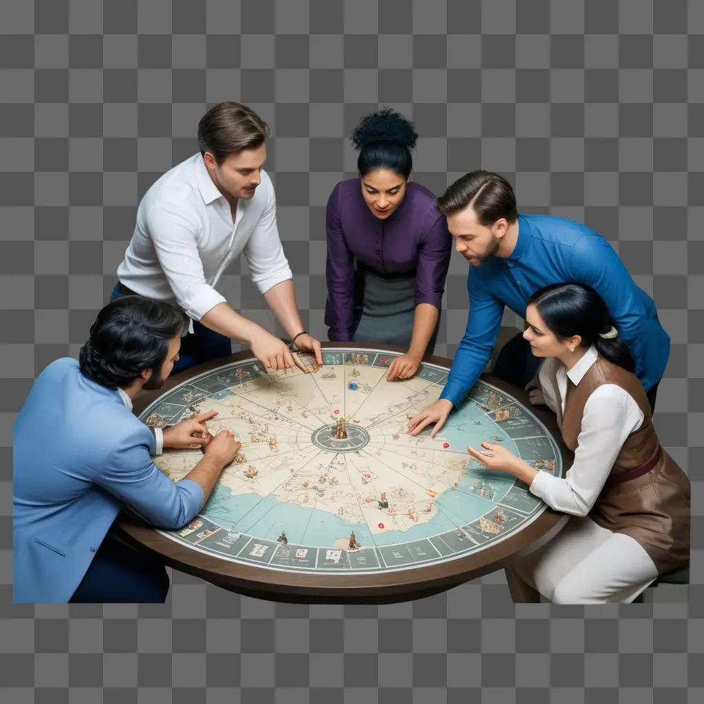 Five people play a strategy game on a round table