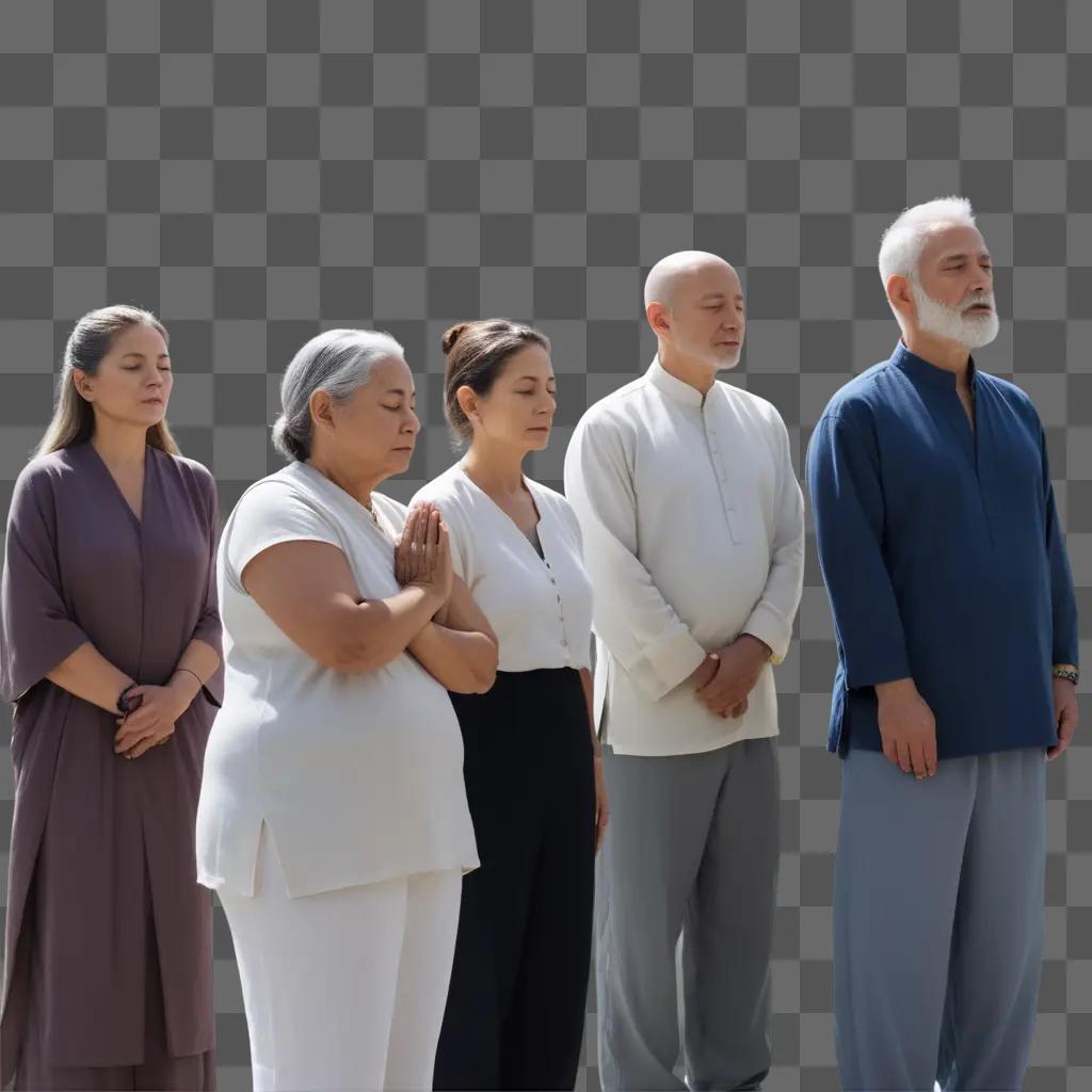 Five people respectfully stand in line