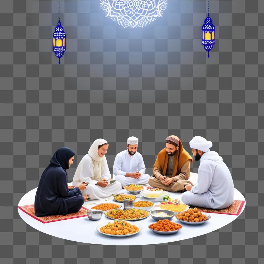 Five people sit around a table with food during Ramadan