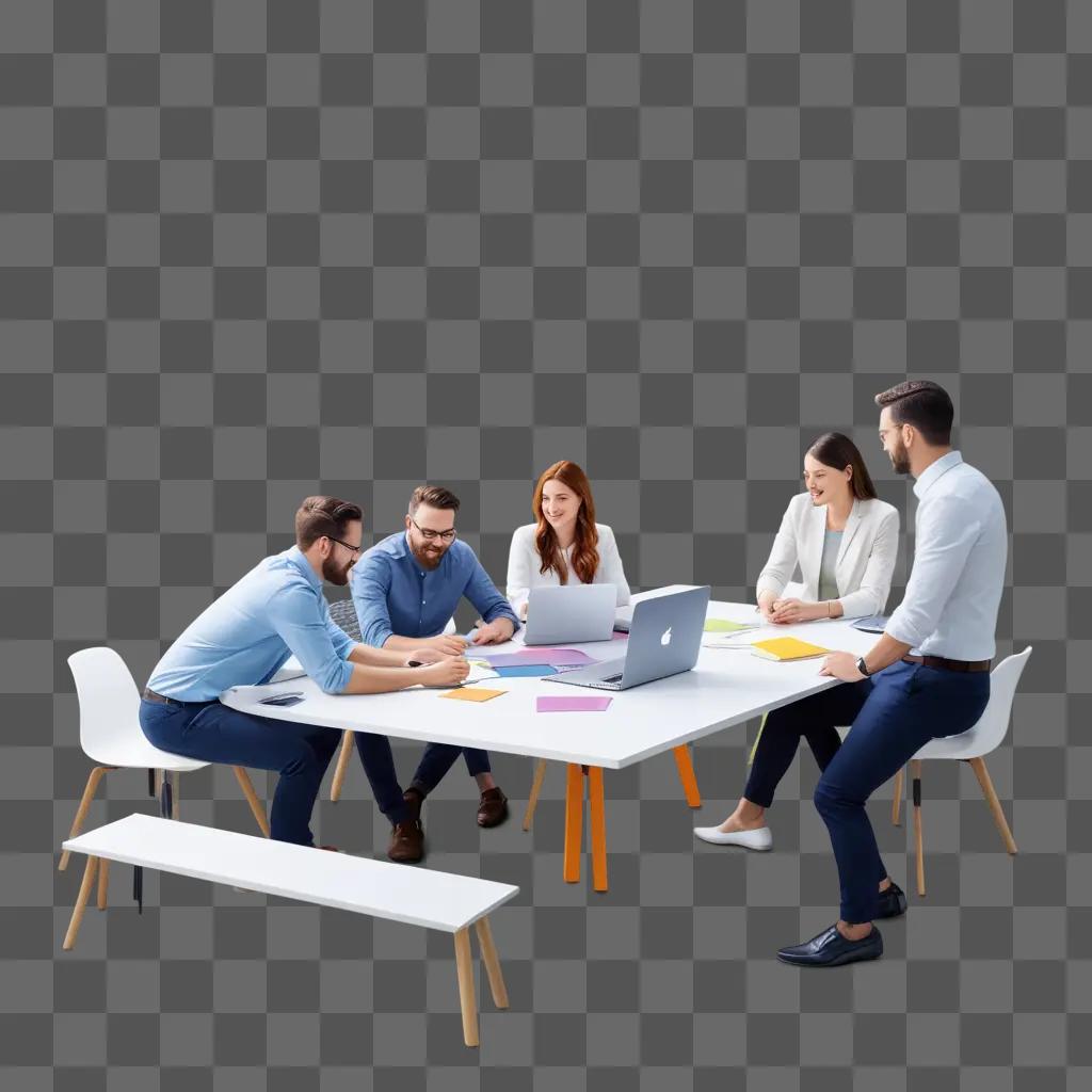 Five people sitting around a table working together