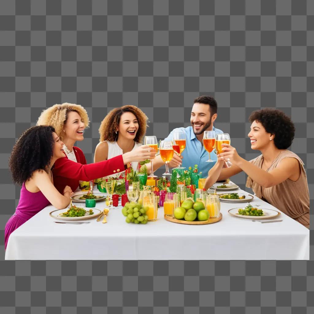 Five people toast with wine glasses at a dining table