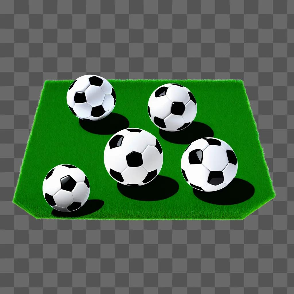 Five soccer balls on a green grass surface