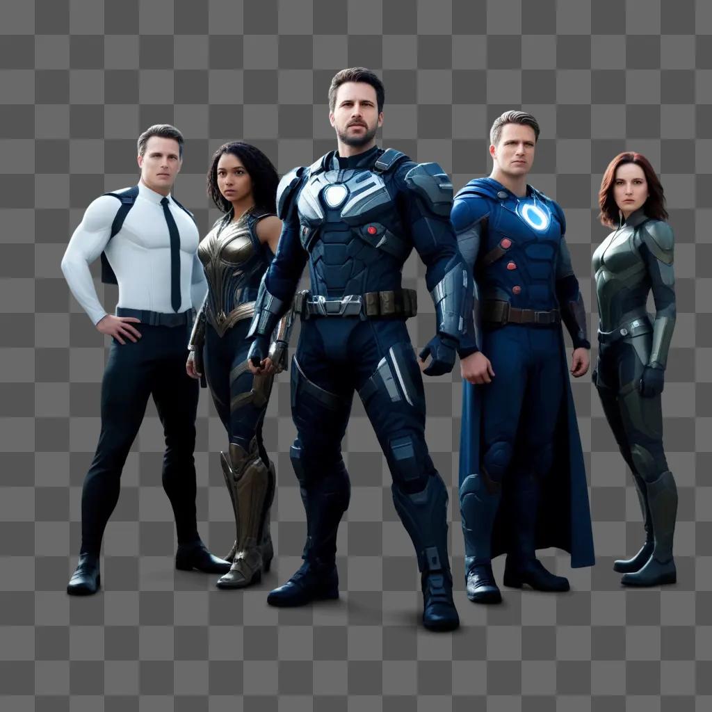 Five superheroes stand in front of a black background