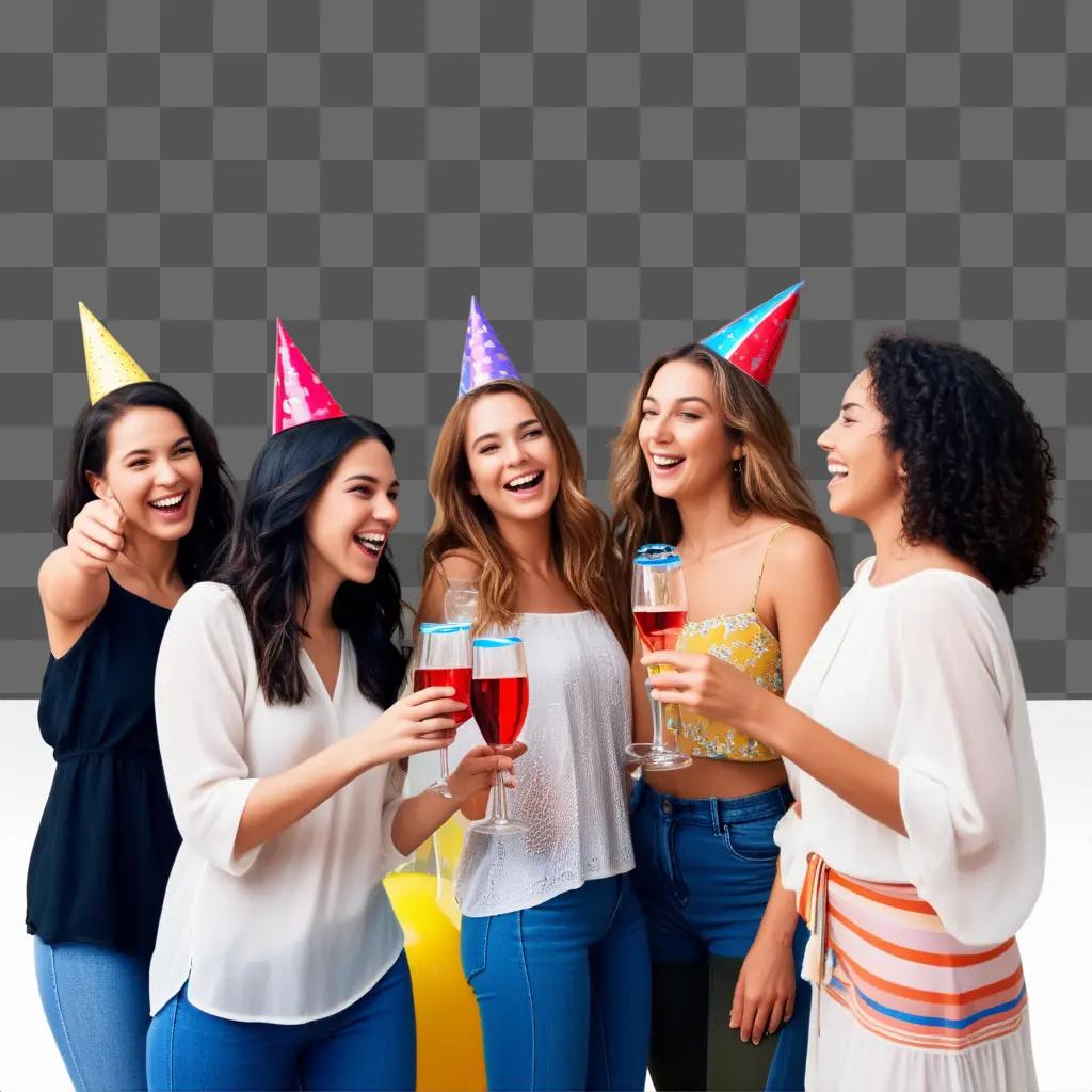 Five women with party hats at a party