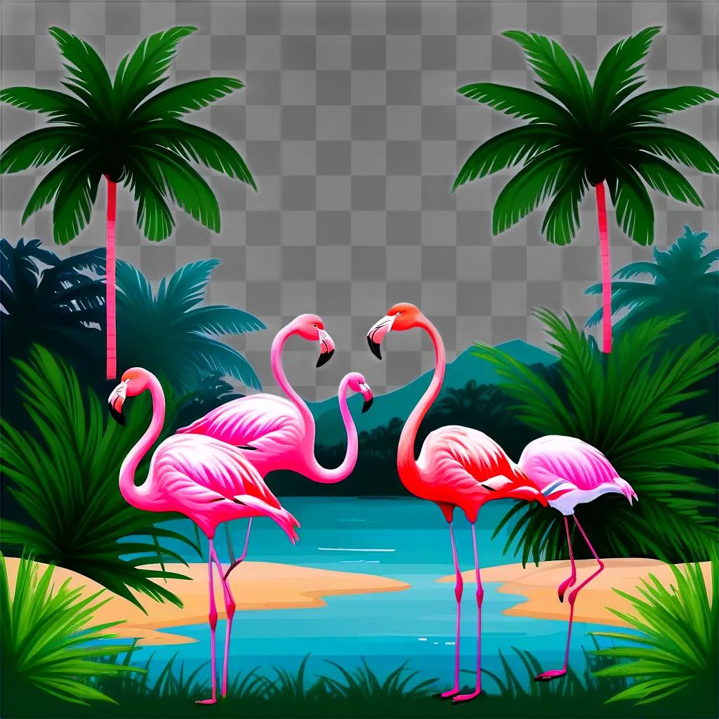 Flamingos are depicted in a tropical setting