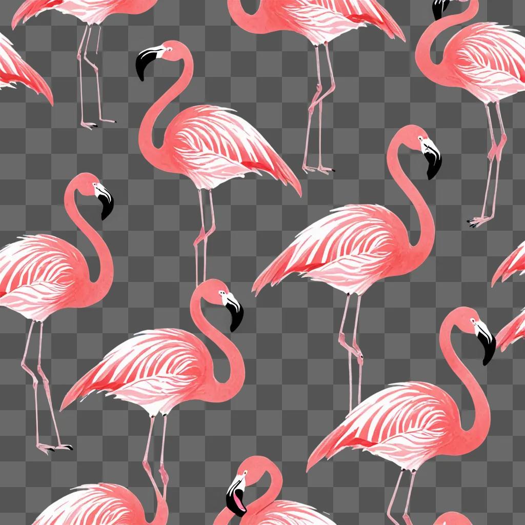 Flamingos illustrated in a pinkish hue with black and white stripes