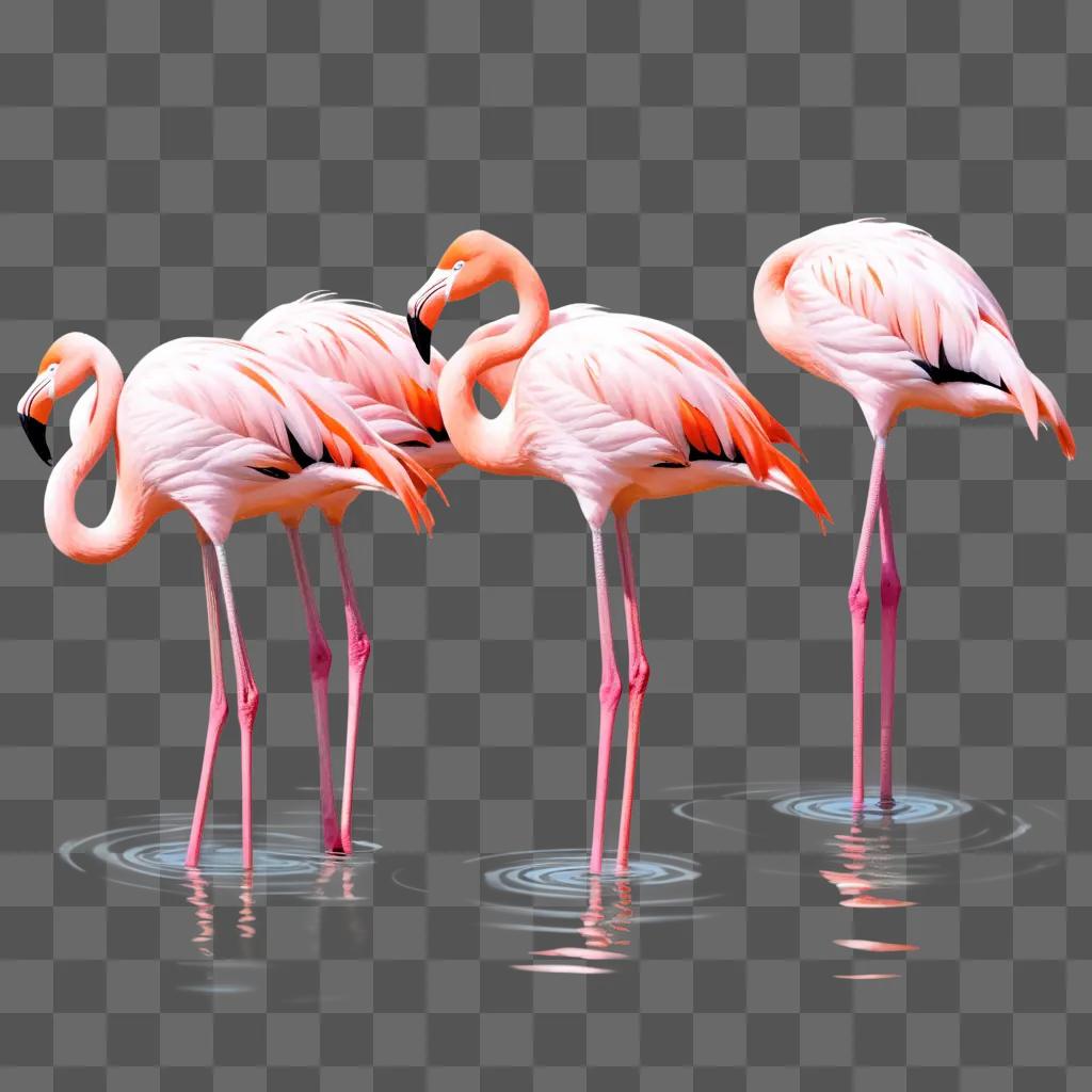 Flamingos in a water scene with sketchy flamingos