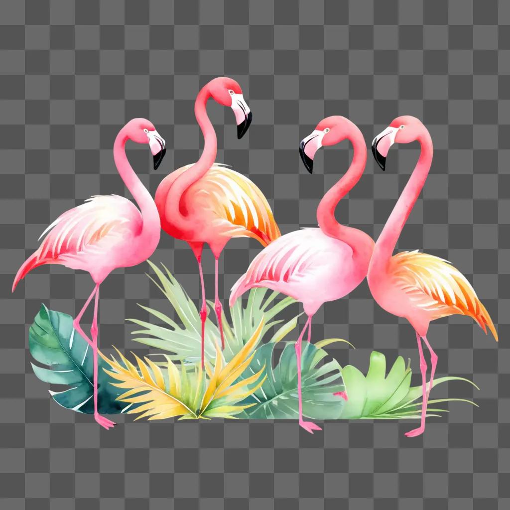 Flamingos in tropical setting with leaves