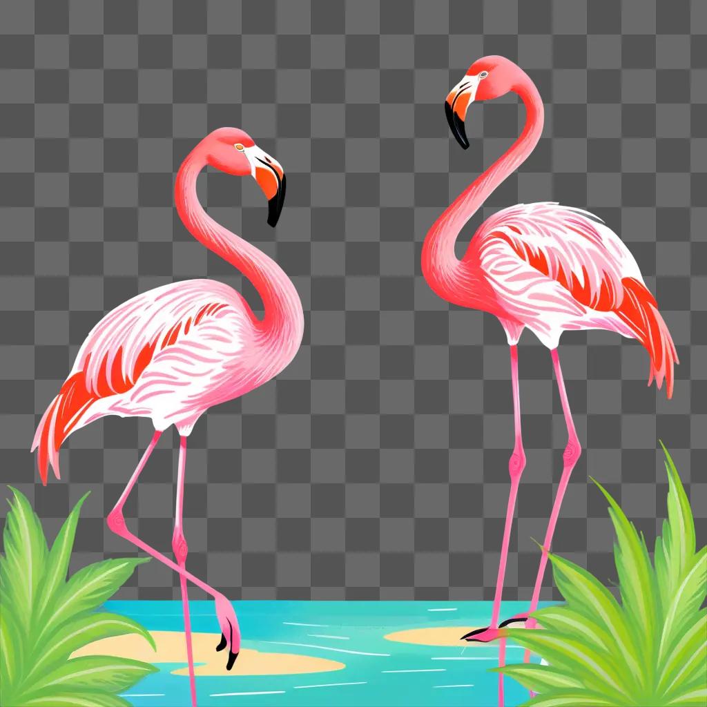 Flamingos stand near water in brightly lit drawing